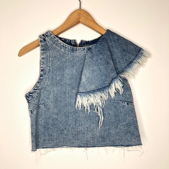 Zara cropped Chambray Denim Ruffle Top S Raw - Picture 3 of 8